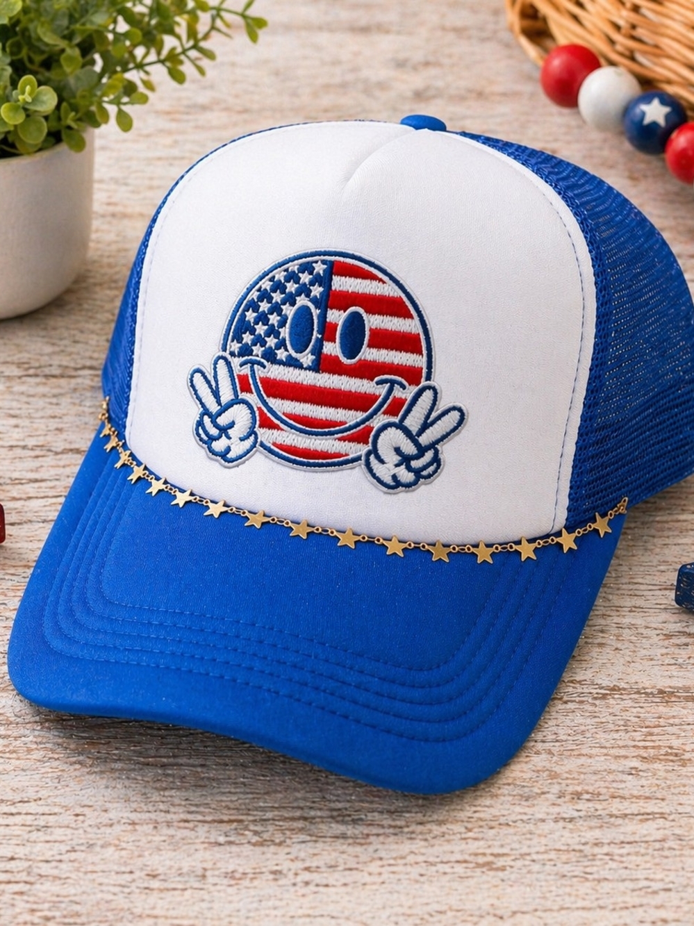 Patriotic Trucker Hat | American Flag Smiley Hat | Red White Blue Hat